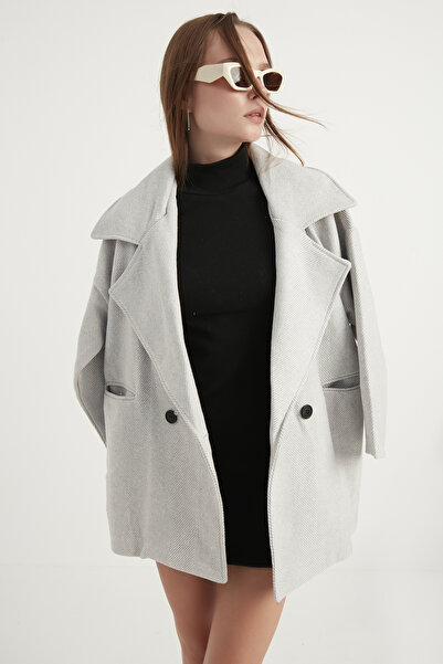 MEECY Dámský bílý oversize krátký kabát rybí kosti