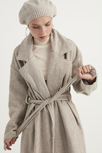 MEECY Dámský mléčně hnědý dlouhý kabát s páskem