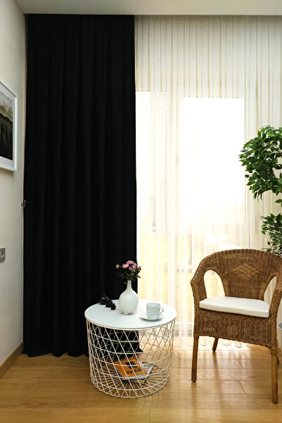 Evdepo Home Crown Black Solid Color Pleated Soft Background Curtain, 1/2 Sparse Pleat, Single Wing