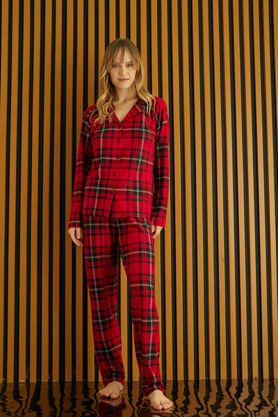 Pijamoni tissue Slimfit Ekose Düğmeli Süet Kadın Pijama Takımı