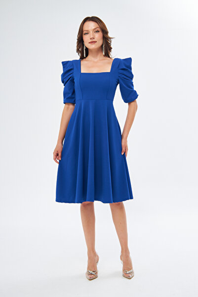 bayansepeti Rochie flexibilă creponată cu mânecă scurtă, decolteu pătrat, lun...