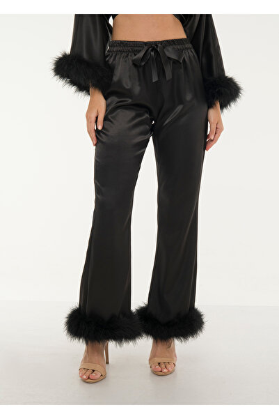 SEVLİO Siyah Saten %100 Marabou Tüy Detaylı İspanyol paça alt