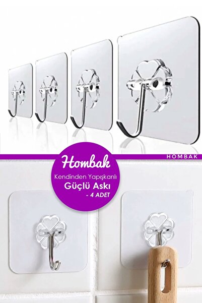 Hombak Pratik 4 Adet 6x6cm Şeffaf Güçlü Kendinden Yapışkanlı Kapı Duvar Askıları