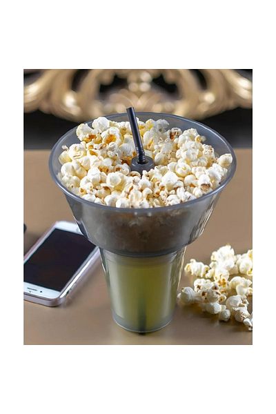 Eynel Set of 2 Practical Pop Corn Bucket with Straw Cup Snack Snack Plate Nuts Popcorn Chips