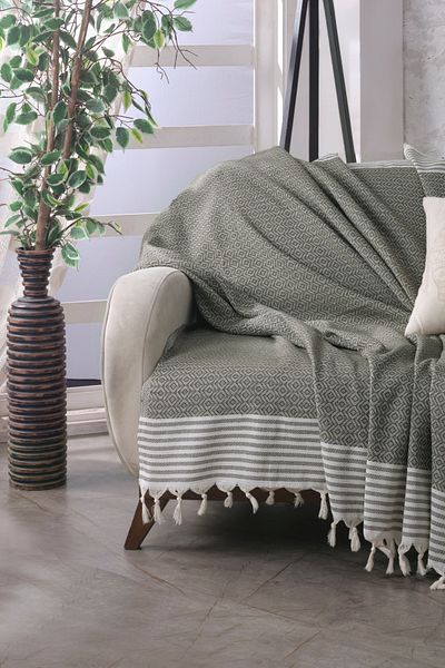 Lux Touch 180 x 200 cm Bergama Khaki Sofa Cover - Cotton Throw, Sofa Sofa Bed Cover
