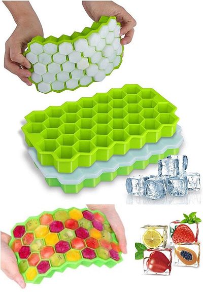 AYGÖREN HOME 37-Piece Honeycomb Shaped Silicone Ice Box with Lid - Ice Cube for Cocktails, Fruits and Ice Cream