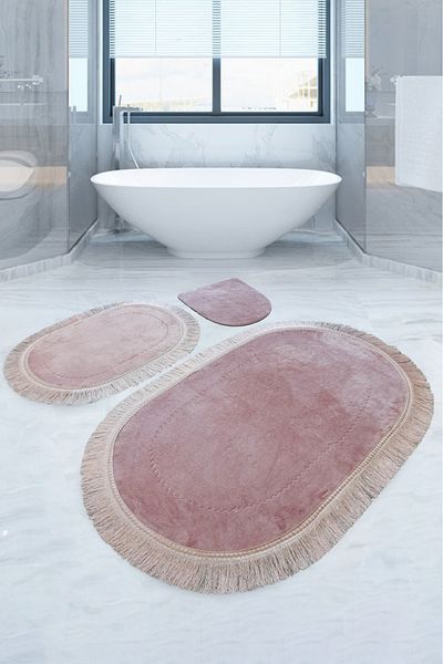 Bonny Home Σετ χαλάκι μπάνιου Pera Powder 3 τεμαχίων, αντιολισθητική βάση, σετ καθίσματος τουαλέτας με κρόσσια φούντα