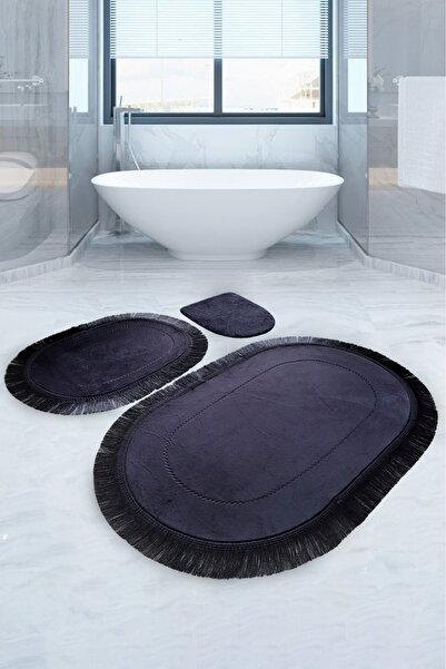 Teksev Pera Μαύρο Σετ Μοκέτα Μπάνιου 3 τεμαχίων Αντιολισθητικό Δερμάτινο Σετ ...