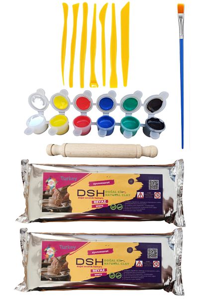 DSH Doğal Seramik Hamuru 2-Piece Ceramic Starter Set, 6-7 Jars, 2 Pieces of 1000 Gr Clay Dough and 6-Piece Paint, Brush and Roller