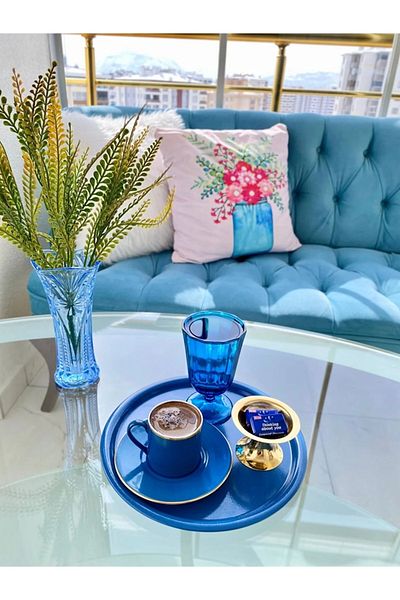 NEWTREND Züccaciye 2-Piece Metal Blue Single Decorative Tea, Coffee and Pastry Serving Presentation Tray 23 cm
