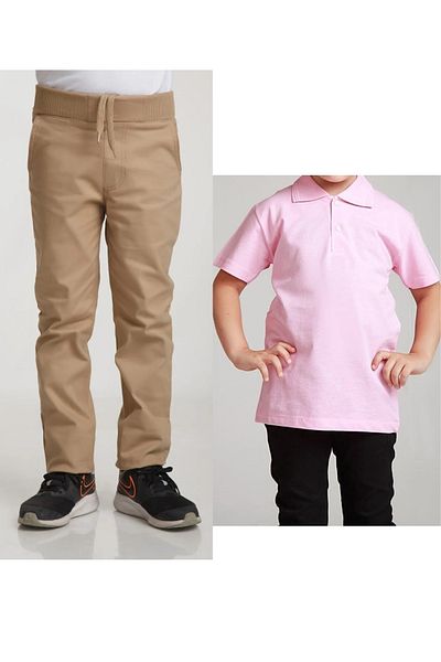 KURAFF Unisex Copii Crescut in Talie in Bej Pantaloni Scoala + Gât Polo mânecă scurtă Tricou