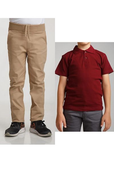MaviMoure Unisex Copii Crescut in Talie in Bej Pantaloni Scoala + Gât Polo mânecă scurtă Tricou