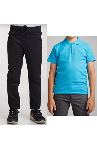 MaviMoure Унисекс детски ленени черни ученически панталони + поло яка, тениск...