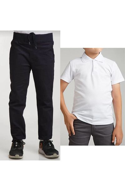 BLUEMOOR Copii unisex - Pantaloni de școală cu nervuri de in negru și tricou cu mânecă scurtă cu gât polo