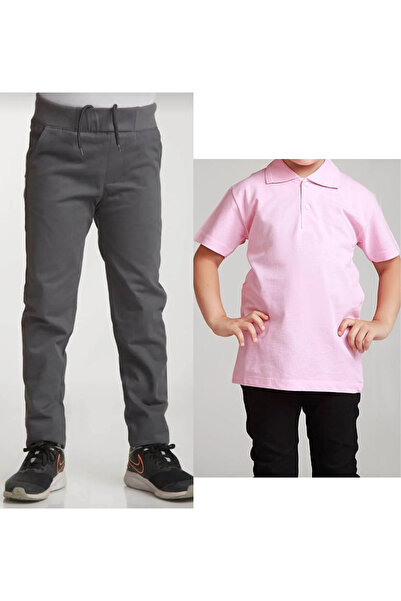 Generic Brand Unisex Children Ribbed Waist Linen Gray School Pants + Polo Nec...