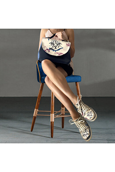 Hoppoco Kedi Desenli Vintage Kadın Vegan Sneakers Günlük Ayakkabı