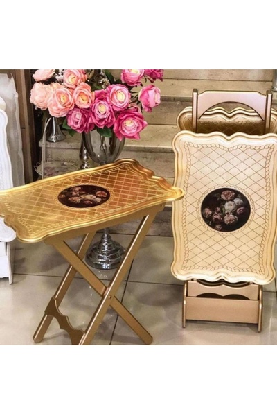 GaleriaHome Çanta Zigon Dikdörtgen Çiçek Resimli Ahşap 4 Sehpalı El Yapımı Zigon