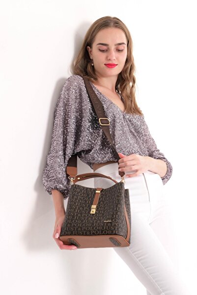 Just Polo حقيبة سلسلة خاصة منقوشة مطبوعة 2055-GD بني-تان -GZD-