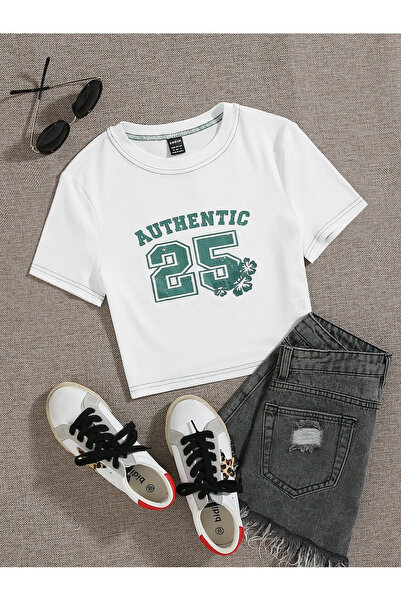 Jose Clothing FEMEI ALB IMPRIMAT MÂNECĂ SCURTĂ OTURAN CROP TOP BABY TEE BLUZ