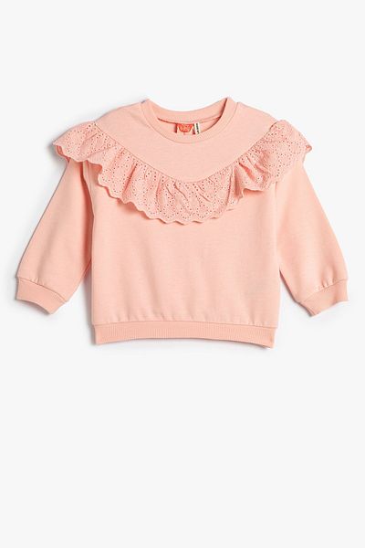 Koton Baby Girl Rose Gold Crew Neck Cotton Ruffle Sweatshirt 4WMG10124AK