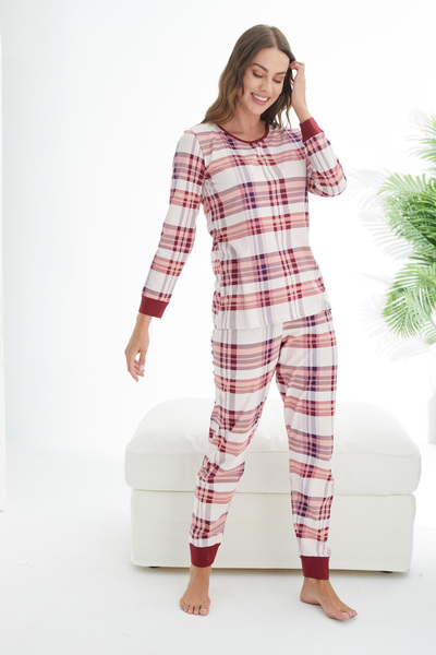 Siyah İnci vişne ekose desenli Pamuklu Pijama Takımı