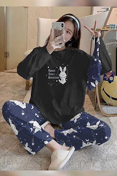 PEMBİŞ HOMEWEAR Supersoft Bahd Rabbit Black Women's Pajama Set - 4971