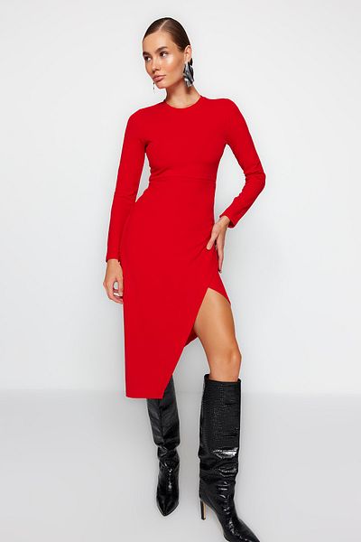 Trendyol Collection Red Crew Neck Slit Detailed Fitted Midi Knitted Dress TWOAW24EL00168