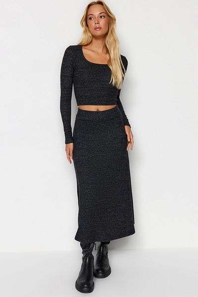 Trendyol Collection Anthracite High Waist Flared Form Soft Knitted Skirt TWOAW24ET00249