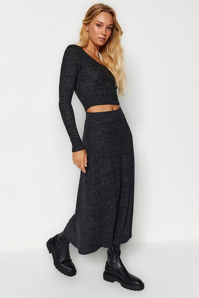 Trendyol Collection Anthracite High Waist Flared Form Soft Knitted Skirt TWOAW24ET00249