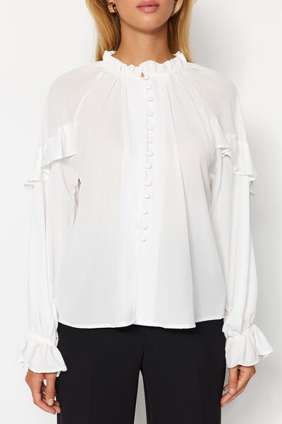 Trendyol Collection Ecru Sleeves Flounced Stand gallér Oversize/Wide Fit szőtt ing TWOAW24GO00070