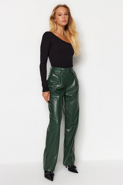 Trendyol Collection Dark Green Faux Leather Straight Cut Woven Trousers TWOAW24PL00053