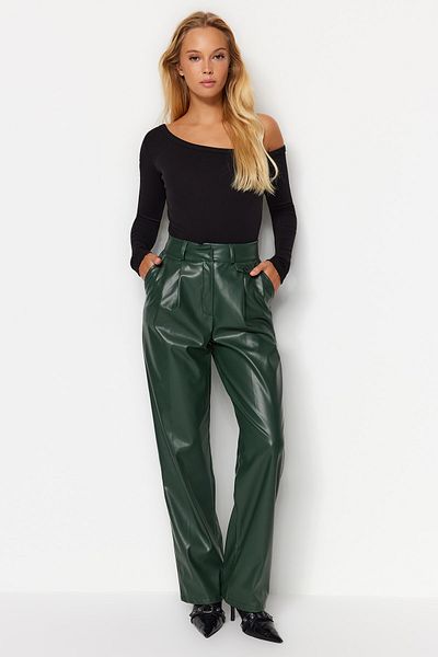 Trendyol Collection Dark Green Faux Leather Straight Cut Woven Trousers TWOAW24PL00053