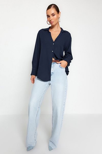 Trendyol Collection Navy Blue Oversize Woven Shirt - Wide Fit TWOAW24GO00207