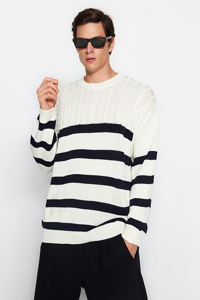 Trendyol Collection Ecru Unisex-Strickpullover in Übergröße – Haarstrick gestreift, kein Pilling – TMNAW24KZ00002