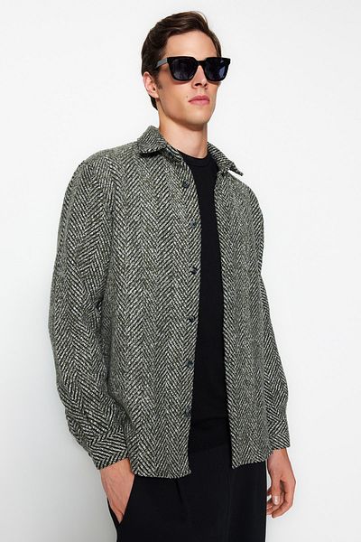Trendyol Collection Khakifarbenes Unisex-Winterhemd mit Hahnentrittmuster - Relaxed Fit TMNAW24GO00054