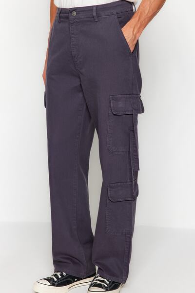 Trendyol Collection Anthracite 100% Cotton Loose Fit Cargo Jeans Trousers Tmnaw24Je00004