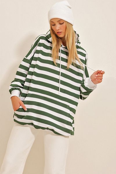Trend Alaçatı Stili Women's Green Hooded Striped Oversize Sweatshirt ALC-X10797