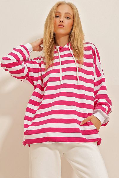 Trend Alaçatı Stili Women's Fuchsia Hooded Striped Oversize Sweatshirt ALC-X10797