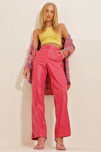 Trend Alaçatı Stili Damen-Palazzo-Hose aus Kunstleder in Fuchsia-Blau mit doppelter Tasche vorne ALC-X10787