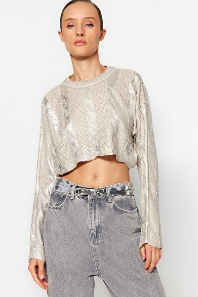 Trendyol Collection Stone Super Crop Hair Pletená fólie Svetr z úpletu TWOAW24KZ01074