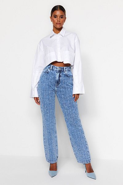 Trendyol Collection Blue Frayed High Waist Wide Leg Jeans TWOAW24JE00100