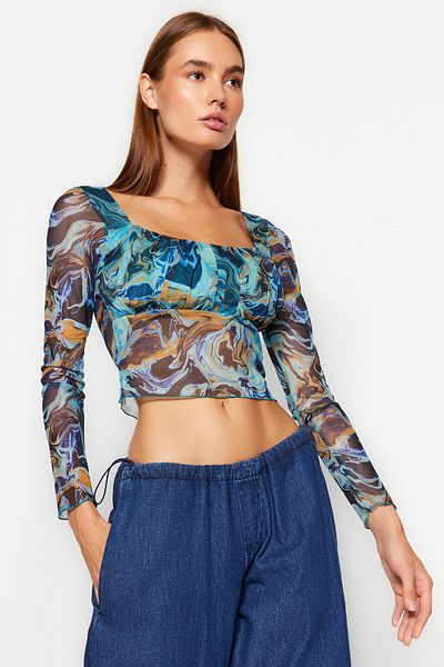 Trendyol Collection Blue Patterned Fitted Crop Tulle Stretchy Knitted Blouse TWOSS23BZ00301
