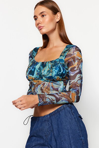 Trendyol Collection Blue Patterned Fitted Crop Tulle Stretchy Knitted Blouse TWOSS23BZ00301
