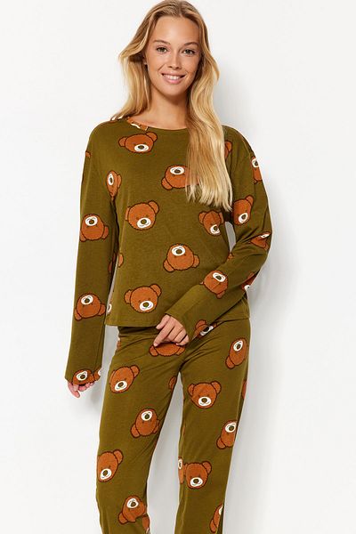 Trendyol Collection Sada pyžama s medvídkem v khaki barvě se vzorem 100% bavlna - Thmaw23Pt00514