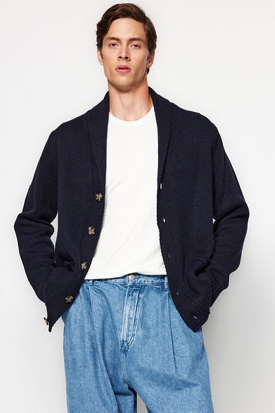 Trendyol Collection Navy Blue Regular Fit Knitwear Cardigan - Shawl Collar TMNAW22HI0131