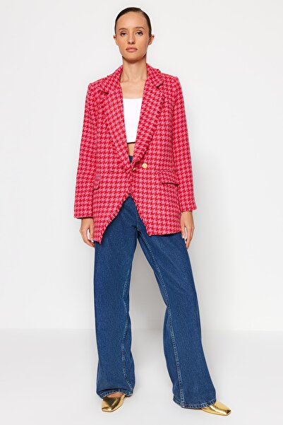 Trendyol Collection Fukszia tweed normál bélésű, duplasoros záródású szőtt houndstooth blézerkabát TWOAW23CE00160