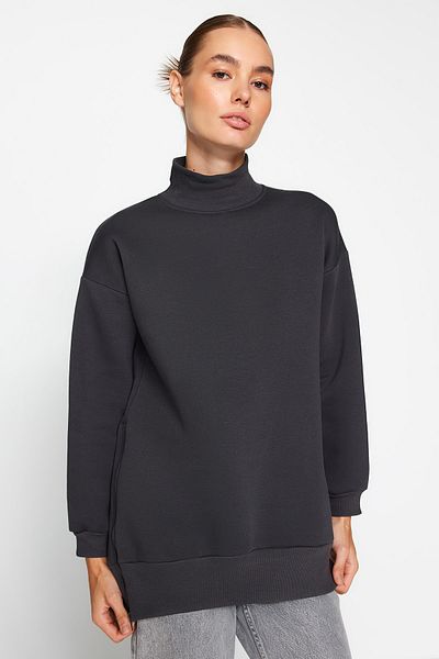 Trendyol Collection Antracitová oversize / Wide Fit stojáček na zip Silný vnitřek Fleecová pletená mikina TWOAW20SW0322