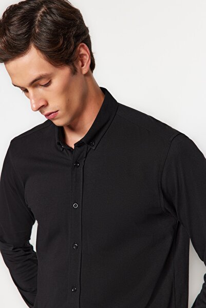 Trendyol Collection Černá Stretchy Slim Fit základní košile - Uvolněný pohodlný límec s knoflíky TMNAW24GO00028