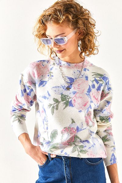 Olalook Ecru Saks Blue Damenpullover mit Rundhalsausschnitt, gemustert, weich strukturiert, Premium-Strickpullover KZK-19000611