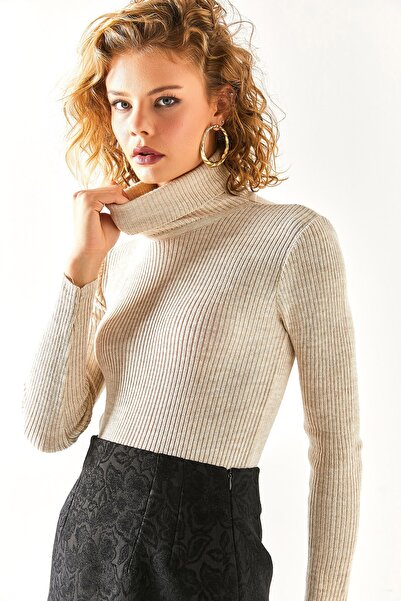 Olalook Women's Stone Full Fisherman Ribbed Lycra Knit Sweater KZK-19000602